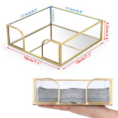 TOLIDA Square Glass Napkin Holder - Metal Glass Napkin Holder with Mirrored Bottom for Tabletop Dinner, Wedding Party, Multi-Functional Storage Holder