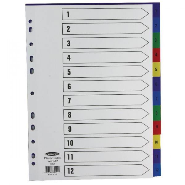 Concord Plastic Index Polypropylene 120 Micron Europunched 1-12 A4 Assorted Ref 66499