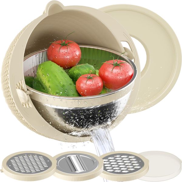 4-1 Colander with Mixing Bowl Set - for Kitchen, Food, Pasta And Rice Strainer, Fruit Cleaner, Veggie Wash, Salad Spinner, Apartment & Home Essentials - Beige