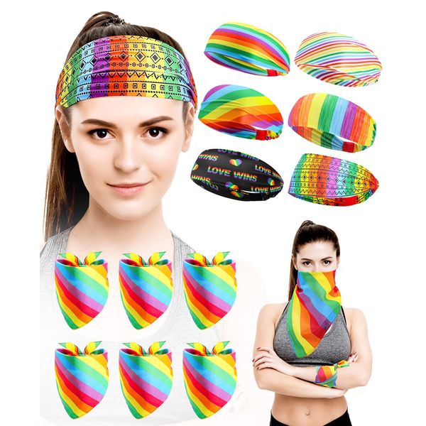 AceList 12 Pack Gay Pride Headbands Rainbow with Rainbow Bandana - Men Women Headwraps - Elastic Head Band Workout for Party Pride Accessories - Pride Parade Sports Running Stretchy Twisted Hair Band