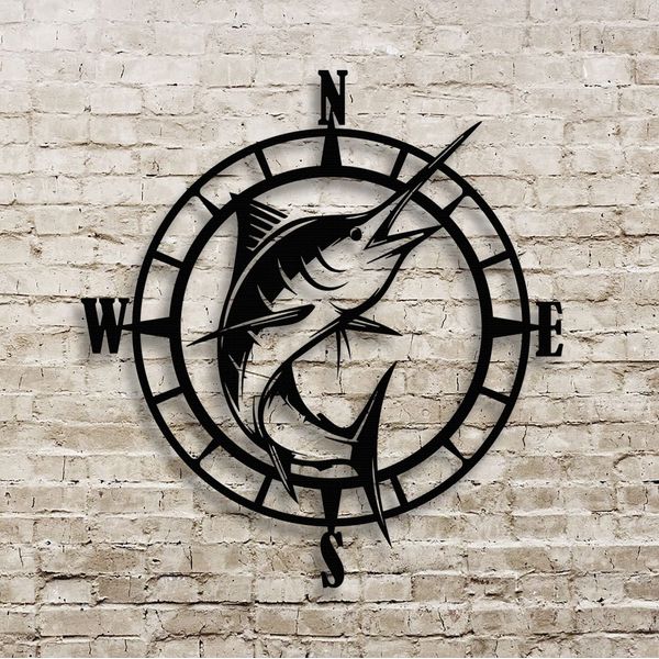 Marlin Themed Compass Rose Metal Art