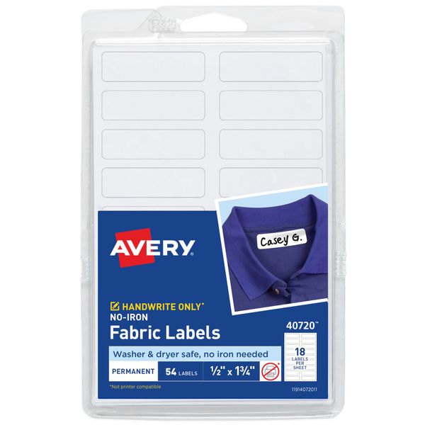 Avery No-Iron Fabric Labels, 1/2" x 1-3/4", Washer and Dryer Safe, Non-Printable, 54 Blank Labels Total (40720)