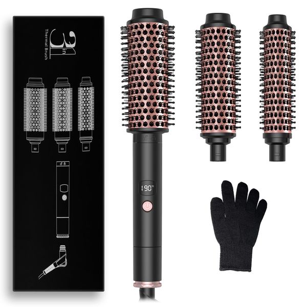 Thermal Brush set 3 in 1, 30/38/45mm 3 en 1 Thermal Brush set, 3 Ersatzbürsten Hot Brush Rundbürste, Volumen Haar Kamm mit 110–190 ℃ Digitalanzeige, Thermo Bürste für Wurzelvolumen und Lockere Locken