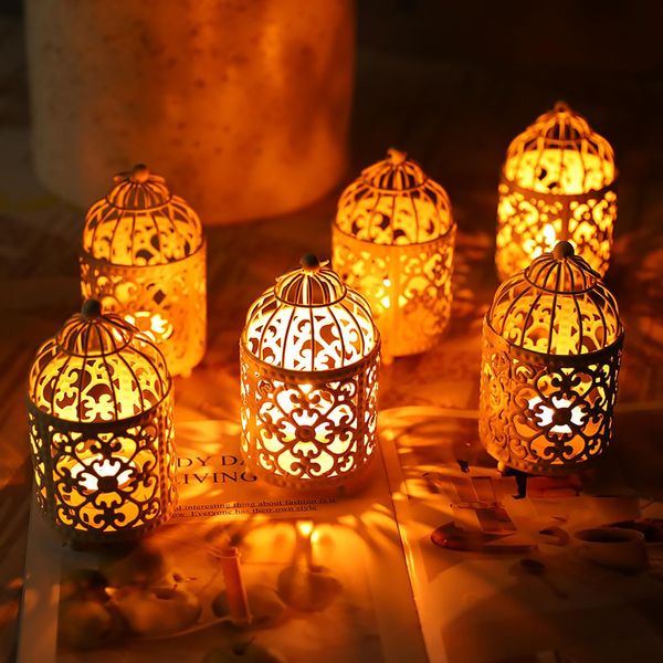 JHY DESIGN 6 Pack Small Metal Candle Stick Holder Hanging Birdcage Tealight Lantern Hollow Candle Holders for Table Wedding Party Valentine Patio Indoor Outdoor Gifts(White)