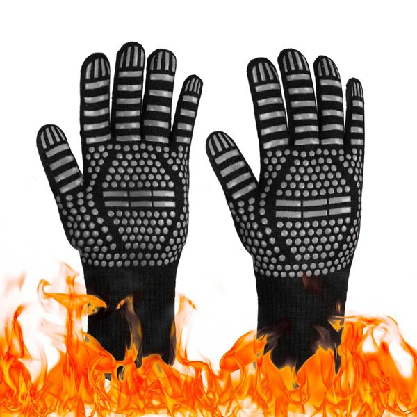 BBQ Gloves Heat and Flame Resistant Protection - Oven and Grill Gloves Hand Protection, Extended Wrist for Addtional Safety, Ideal for Outdoor Cooking, Grilling, Barbeque and Campfire (Grey)