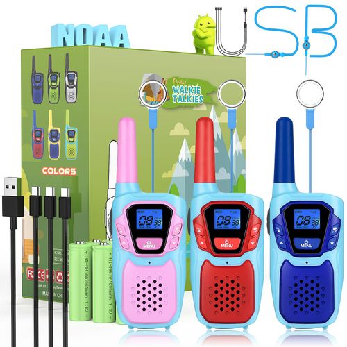 Topsung Walkie Talkies Long Range 3 Pack Rechargeable Walkie-Talkies for Kids Girls Boys Toddlers Adults Camping Hiking Skiing Cruise, Family Pink 2 Way Radio Toy with Lanyard Battery 4 Miles VOX NOAA