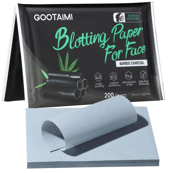 Gootaimi Blotting Paper for Oily Skin, Natural Bamboo Charcoal Blotting Paper, Oil Blotting Sheets for Face, 100 * 70MM Large Oil Absorbing Sheets Makeup Face Tissues, 200 Counts