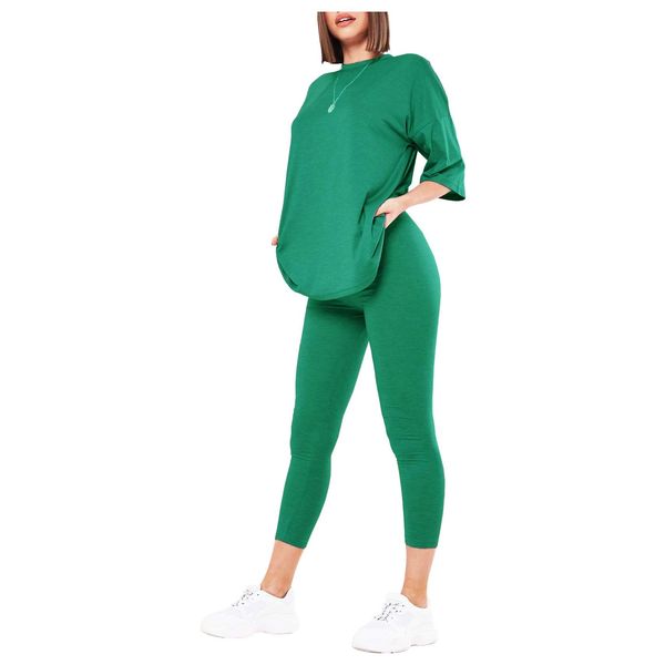 Hamishkane New Ladies Plain Oversized Longline T-Shirt Leggings Co-Ord Set Casual Tracksuit Jade Green