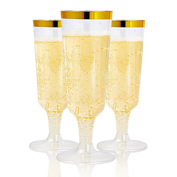 JOLLY CHEF 50 Pack Plastic Champagne Flutes Disposable 5 oz Gold Rim Plastic Champagne Glasses Perfect for Wedding, Thanksgiving Day, Christmas