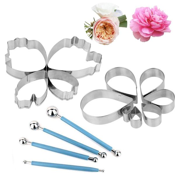 EMAGEREN Cake Decorating Flower Modelling Mold Kit,4 Pcs Metal Ball Fondant Tool, 7 Pcs Rose Petal Cutter 4 Pcs Peony Flower Cutter Cake Cookie Cutters SugarCraft GumPaste Fondant Embossing Tool