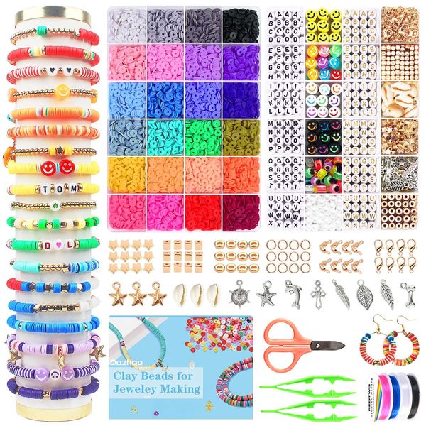 Dazhqp Clay Beads 7500 Pcs 2 Boxes Bracelet Making Kit - 24 Colors Polymer Clay Beads for Bracelet Making Set Heishi Beads for Jewelry Making kit with Charms and Gift Pack for Girls