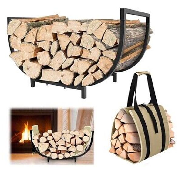 Firewood Rack Outdoor Indoor Metal Firewood Holder, 24 Inch Double Black