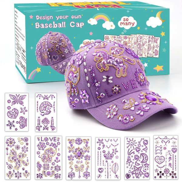 Gifts for Girls 4 5 6 7 8 9 10 Year Olds DIY Baseball Cap, Back to School Birthday Presents for Girls Age 4-10, Decorate Your Own Baseball Cap with Glitter Gem Stickers, Girl Craft Kit Outdoor Sun Hat