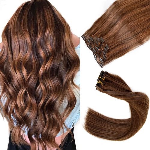 Clip in Hair Extensions, Chocolate Brown Balayage Auburn Brown Clip in Hair Extensions Real Human Hair Clip ins 16 Inch 7 Pieces 70G Real Hair Extensions Clip in Human Hair