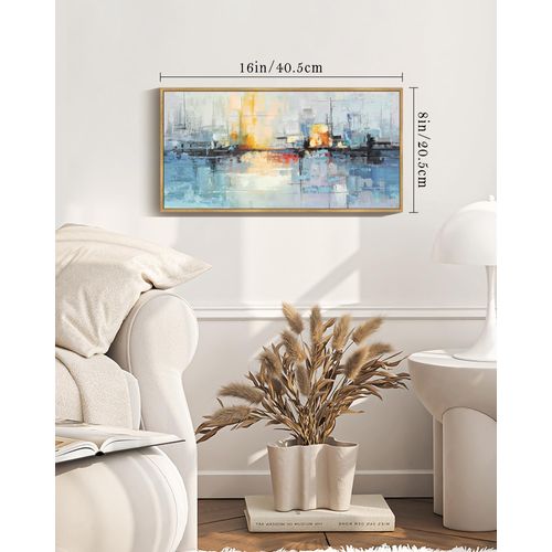 PHOPAGO Abstract Wall Art Blue Gray Yellow Modern Minimalist Painting Decor Graffiti Artwork 8x16in Natural Framed