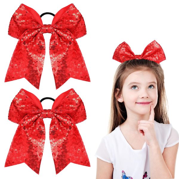 2 Packs Jumbo Cheerleading Bow 8 Inch Cheer Hair Bows Large Cheerleading Hair Bows with Ponytail Holder for Teen Girls Softball Cheerleader Outfit Uniform (Sequin Red) 1