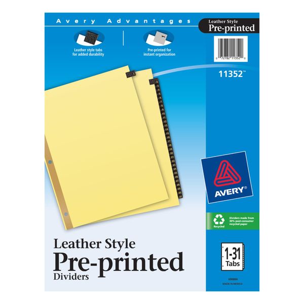 Avery Gold Reinforced Leather Tab Dividers, 31-Tab, 1-31, Letter Size, Black, 31 per Set (11352)