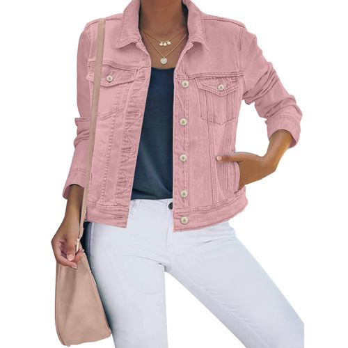 luvamia Women's Classic Casual Long Sleeves Jacket Basic Button Down Trucker Jacket Coat Womens Jean Jacket Spring Jackets For Women 2024 Pink Size Large Fits Size 12 / Size 14