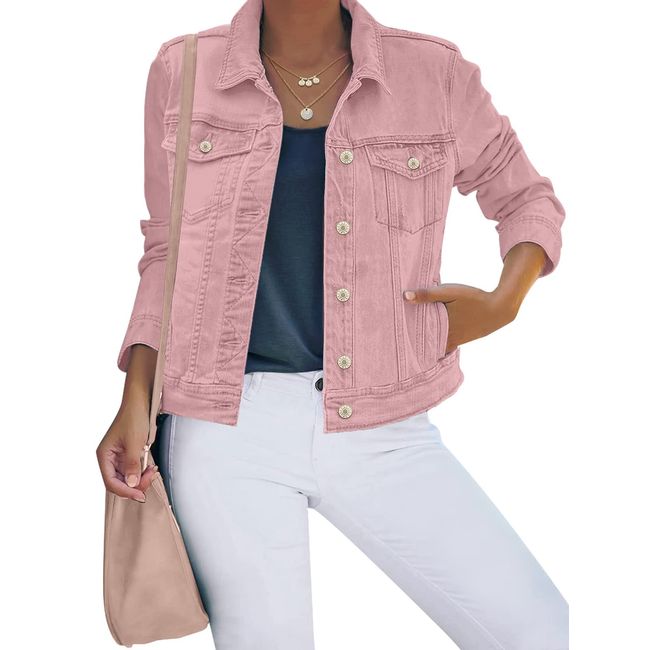 luvamia Women's Classic Casual Long Sleeves Jacket Basic Button Down Trucker Jacket Coat Womens Jean Jacket Spring Jackets For Women 2024 Pink Size Large Fits Size 12 / Size 14