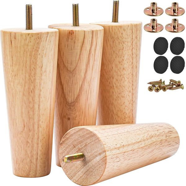 Btowin 4 inch Solid Wood Furniture Legs, 4Pcs Mid-Century Modern Wooden Replacement Feet with Threaded 5/16'' Hanger Bolts & Mounting Plate & Screws for Sofa Couch Armchair Cabinet TV Stand