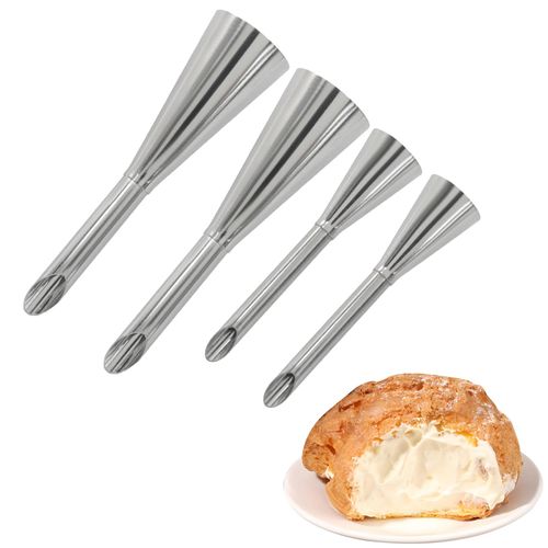 Hordion 6Pcs Cream Icing Piping Nozzle Tips, 2 Sizes Stainless Steel Long Cream Puff Nozzle Decor Pastry Piping Decorating Tools for Cupcakes Filling Donuts Home Desserts
