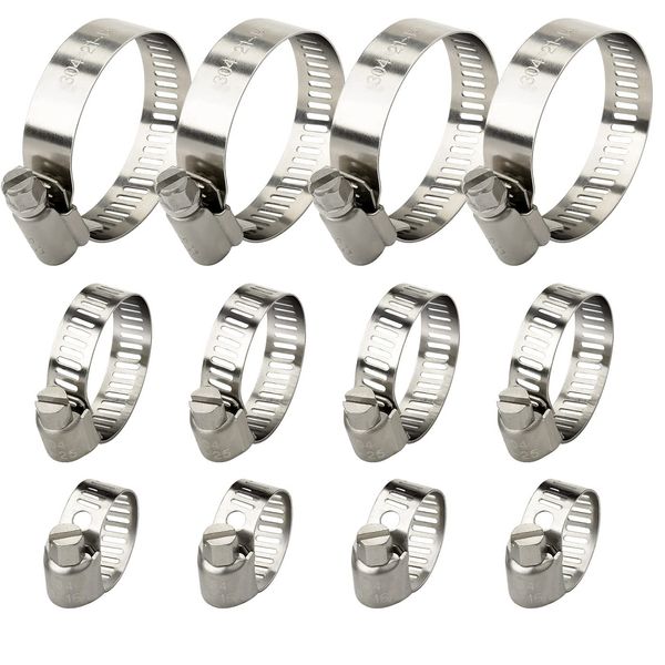 Drado Jubilee Clips Hose Clamps 25mm Stainless Steel Pipe Clamps, 12 Pack(10-16mm,16-25mm,21-44mm)