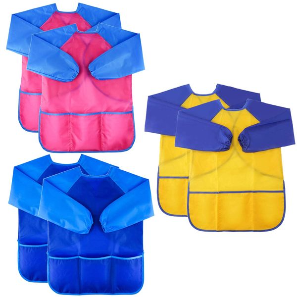 Zkptops 6 Pack Kids Art Smocks Waterproof Kid Painting Aprons Toddler Art Smock Kids Paint Smock with Long Sleeve 3 Roomy Pockets for Age 3-7 Years