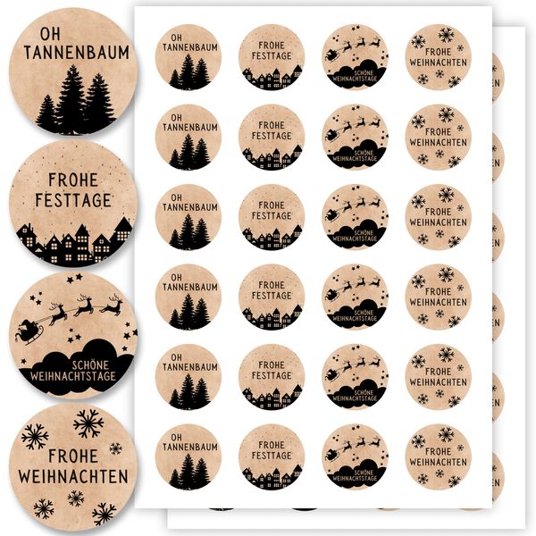 Aufkleber für Weihnachten (48 Sticker) - Weihnachtsaufkleber zum Beschriften für Geschenke - Weihnachtssticker Rund - Weihnachts Etiketten für Beschriftung - Selbstklebend - Kraftpapier-Optik Floral