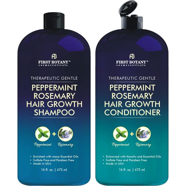 Peppermint Rosemary Hair Regrowth and Anti Hair Loss Shampoo and Conditioner Set - Daily Hydrating, Detoxifying, Volumizing Shampoo and Fights Dandruff For Men and Women 16 fl oz x 2