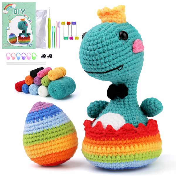 IFUNY Crochet Kits for Beginners Adults,Complete Knitting Kit with Yarn,Crochet Hooks,Step-by-Step Video,Learn to Crochet Starter Kit for Beginners (07 Green Dinosaur+Eggs)