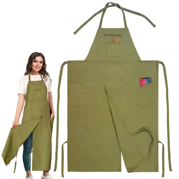 Potterhyme Full Coverage Pottery Apron Split Leg - 100% Cotton Canvas Potter's Aprons with Pockets for Women & Men - Ceramics Smock for Wheel Throwing Clay, Woodturning, Painting, or Tattoo Artists