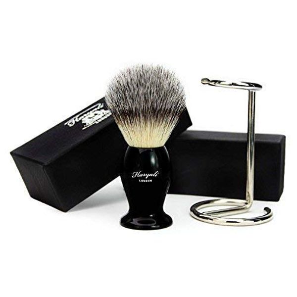 Syntactic (Badger Looking) Hair Shaving Brush with Black Handle/Base and Shaving Brush Stand/Holder. Perfect for Good Shave Gifts for Brothers