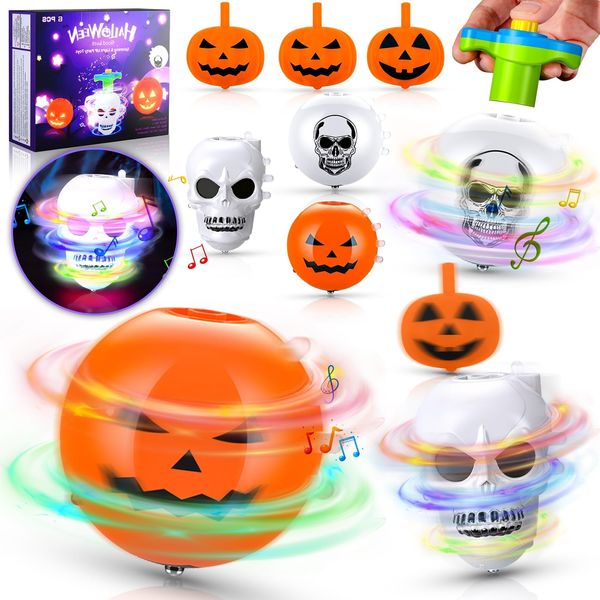 9Pcs Light Up Spinning Tops Easter Basket Stuffers Toys Gifts for Kids, 6 Spinning Toys - Musical & Flash, 3 Small Pumpkin Spin Tops, Easter Egg Fillers Toy Bulk for Toddlers Party Favors, Goodie Bags