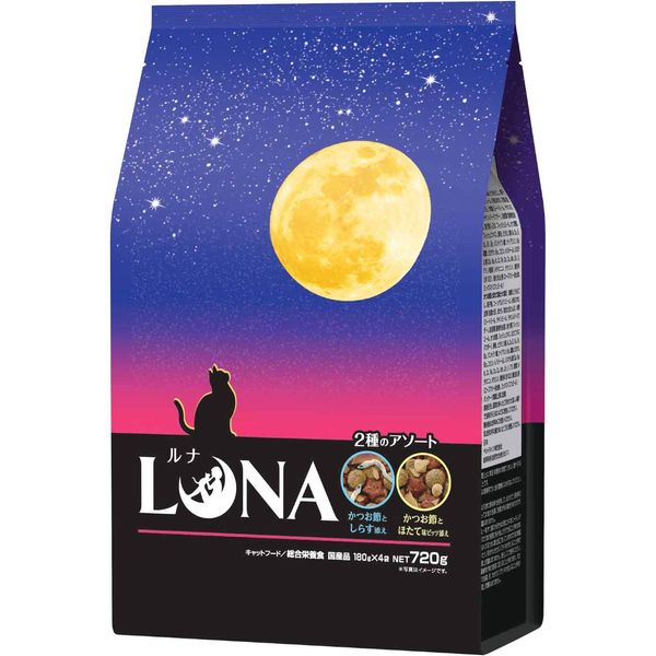 Luna Cat Food Pet Line LUNA Bonito Flavor with Whitebait & Scallop Flavor Bits 24.3 oz (720 g) (6.3 oz (180 g) x 4), Dry, Domestically Produced, Assorted, Divided 25.4 oz (720 g) (180 g x 4)