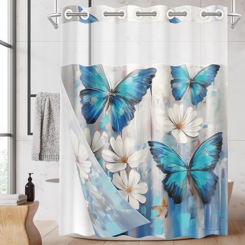 Nesphy No Hook Blue Butterfly Shower Curtain with Snap in Fabric Liner Set, White Flowers Oil Painting Double Layers Waterproof Fabric with See Through Top Window Open Grommet Bath Curtain 71x74 Inch