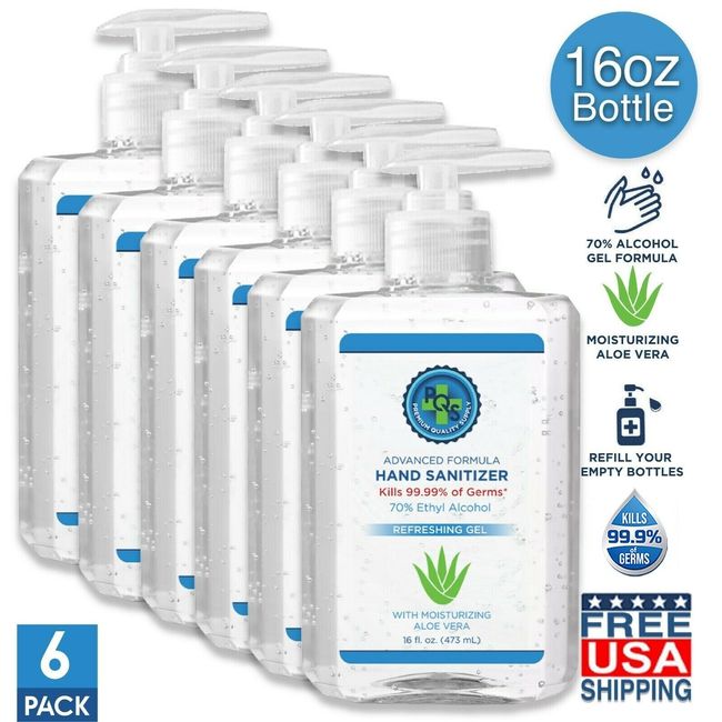 Hand Sanitizer Gel 16 OZ - 70% Alcohol w/ Hand Pump, Aloe & Lemon Scent (6 Pack)