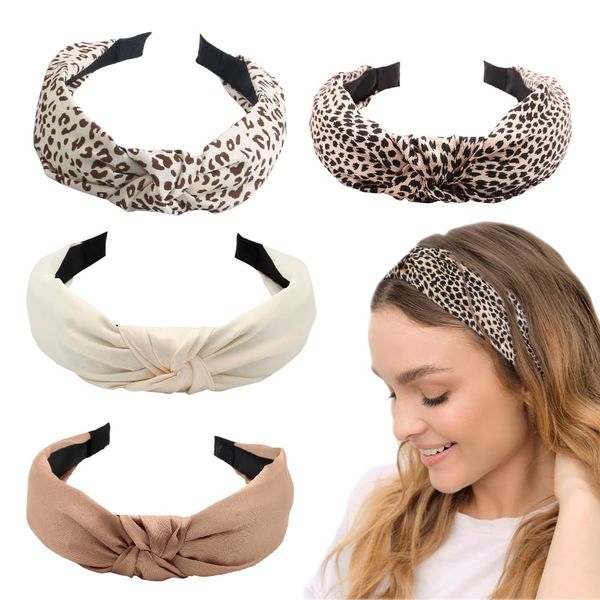 KAOVCXR 4 Pieces Headbands for Women,Non-slip Women's Headbands, Leopard Print Headbands for Girls,Bow Knot Cross Tie HeadwrapElastic Hair Hoops Hair Accessories for Girls Adult Women Fabric Hairband