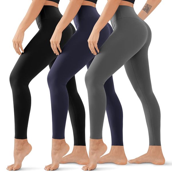 3 Pack High Waisted Leggings for Women No See Through Yoga Pants Tummy Control Leggings for Workout Running Buttery Soft (Black/Grey/Navy, S/M)