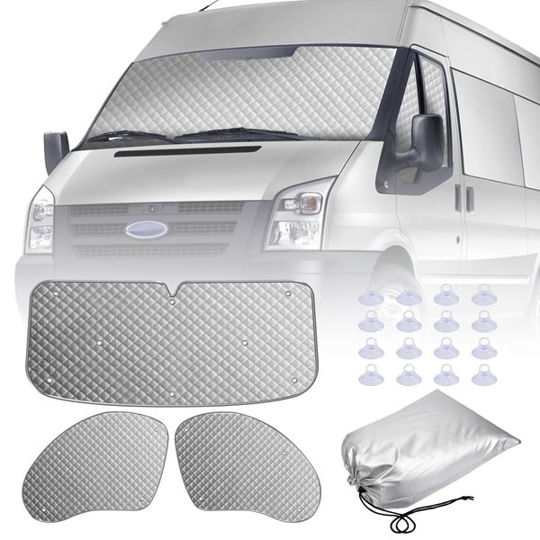 MaxEarn Motorhome Internal Thermal Blind for Ford Transit Van MK7, 3Pcs Sunshade Wrap Cover Kit, Windscreen Cover, Summer Uv Sun Blind & Winter Insulation Cover, Windshield Protection for Campervans
