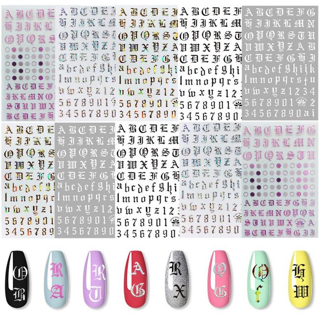 EBANKU Nail Letter Stickers 10 Sheets Nail Art Stickers for Gel Nails 5colors Self-Adhesive Old English Words Alphabet Nail Decals