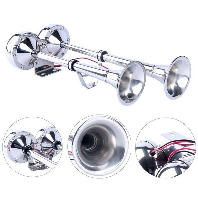 Amarine Made 12v Marine Boat Horn 125db Stainless Steel Dual Trumpet Horn for Ship Truck RV Trailer, Low and High Tone , 18-1/2"