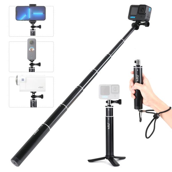 HSU Selfie Stick für GoPro, Aluminum Selfie-Stange für Insta360 Action Cam, Teleskopstange für Hero 12/11/10/9/8/7/6/5/4/3 (64cm)