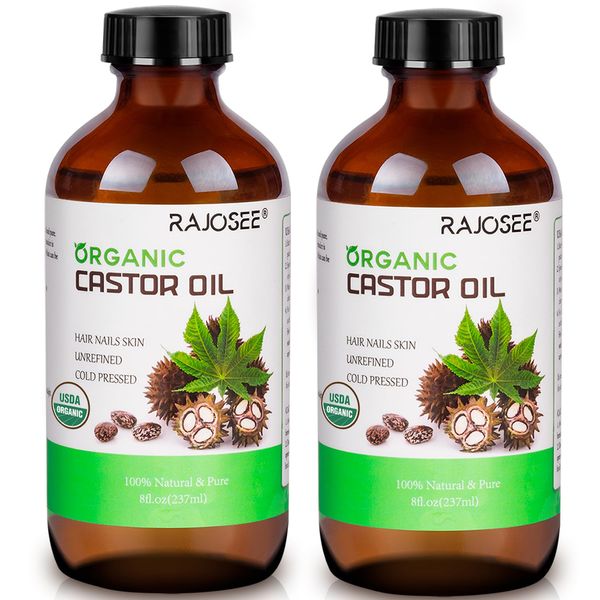 2 Pcs USDA Certified Organic Castor Oil, Natural Oil Cold Pressed in Glass Bottle, Massage Oil, Pure for Hair Growth, Eyelashes, Eyebrows, Lash Serum, Hexane Free, Caster Oil in Bulk, 8 oz Per Bottle