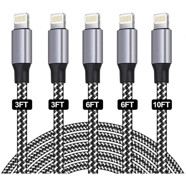 iPhone Charger Cable,SANYEYE MFi Certified [5-Pack 3/3/6/6/10FT] Fast Charger Charging Cable Nylon Braided with Metal Connector for iPhone 12/11/Pro/Xs Max/X/8/7/Plus/6S/6/SE/5S Pad