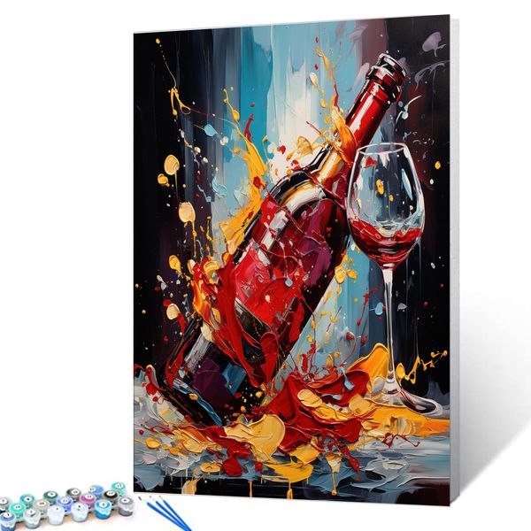 Graffitic Red Wine Paint by Numbers for Adults Beginner Abstract Wine Bottle DIY Paint by Numbers Acrylic Paint Canvas Girls Bedroom Decor Beer Cup Painting Kits Art 16x20 Inch Gift（Frameless ）