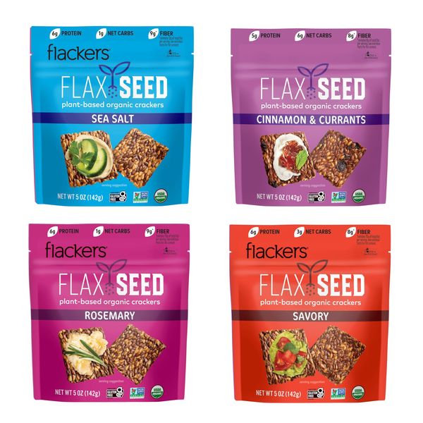 Flackers Organic Flax Seed Crackers Variety Pack, Sea Salt, Rosemary, Savory and Cinnamon, Gluten Free, Non-GMO, Vegan, Low Carb snacking, Pack of 4