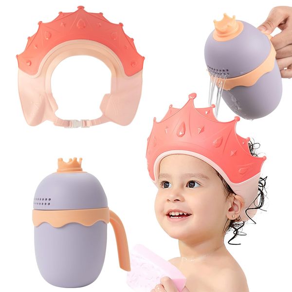 FUNUPUP Baby Shower Cap for Kids with Bath Rinse Cup, Adjustable Toddler Hair Washing Shampoo Shield Hat Baby Bath Visor Shower Hat for Kids 6Mouths-9Year（Crown Pink)