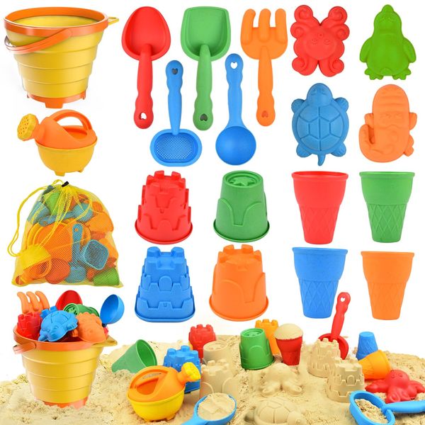 Sotodik Beach Toys Set for Kids, Collapsible Sand Bucket and Shovels Set with Watering Can,Mesh Bag, Ice Cream &Animal Sand Molds,Travel Beach Toys for Toddler Boys Girls Age 3 4 5 6 7 8+