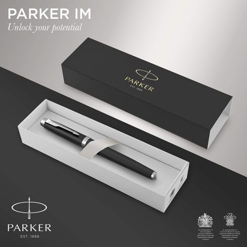 PARKER IM Fountain Pen | Matte Black with Chrome Trim | Fine Point with Blue Ink Cartridge | Gift Box