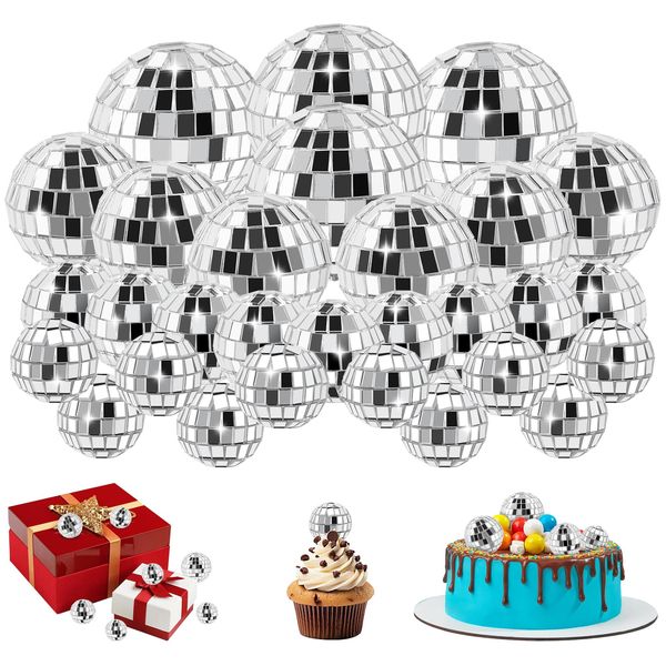 30 PCS Disco Balls Cake Decoration, 4 Sizes Disco Ball Birthday Cake Centerpiece Disco Table Decor for 1970s Music Dance Themed Party Supplies